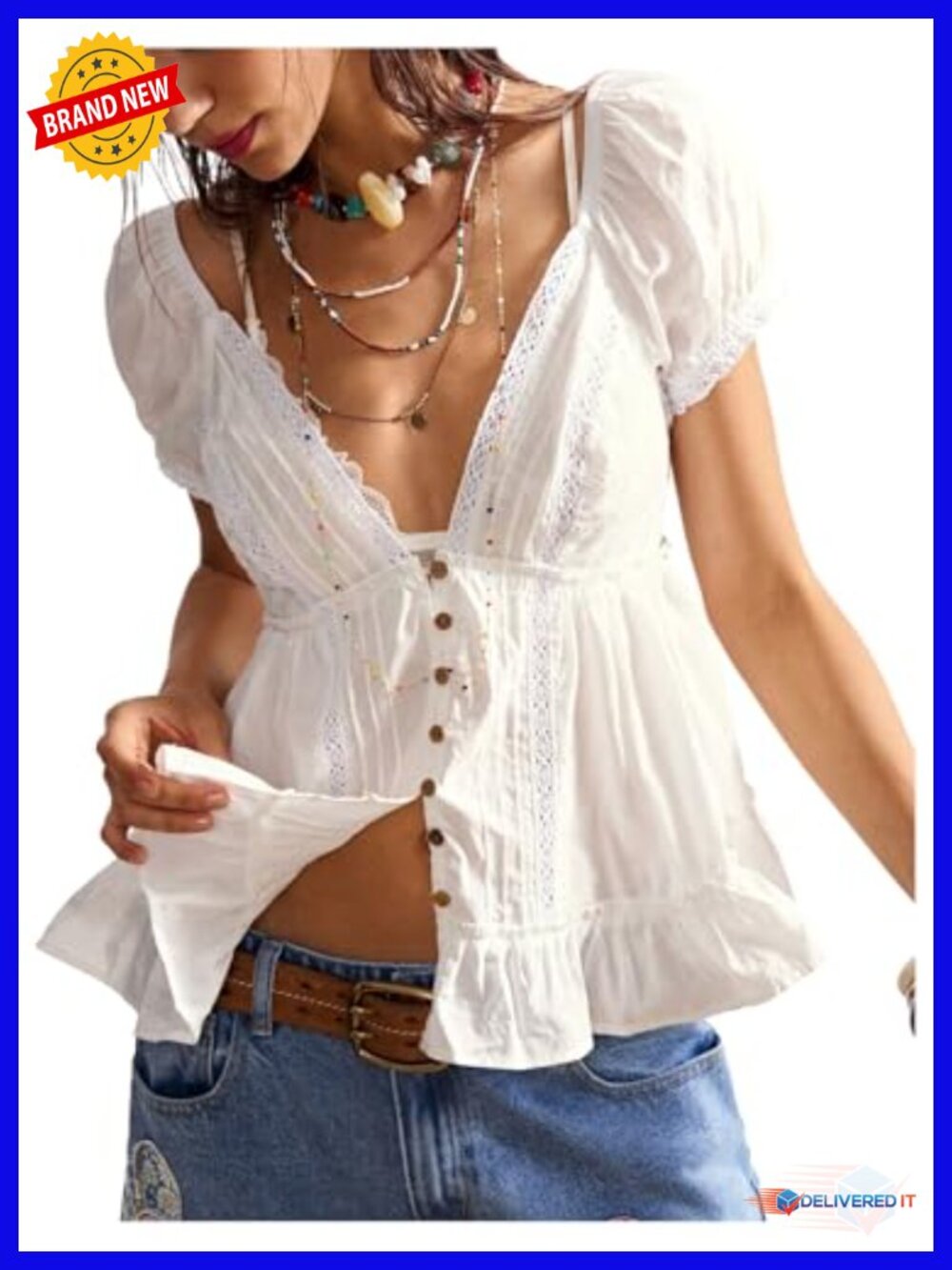Women's Boho Blouse with Puff Sleeves, Lace Trim & Deep V-Neck - Cotton